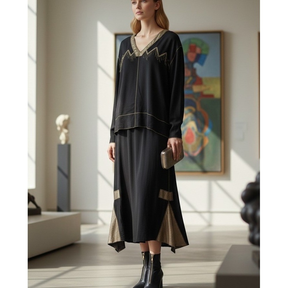 Xiao Women's Asymmetrical Artsy Skirt Blouse Set In black Size S/XS lagenlook